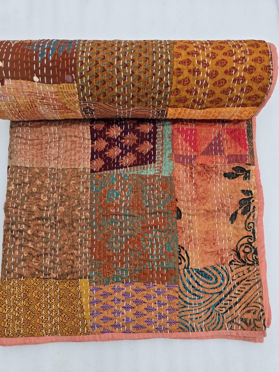 Indian Silk Patola Patchwork Handmade Kantha Quilt Assorted Patchwork Kantha Handmade Vintage Quilts Assorted Vintage style vintage design