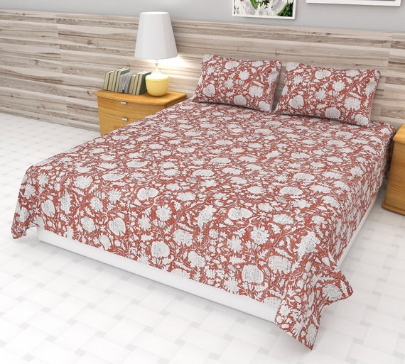 Indian Terra cotta Kantha Quilt Kantha Quilt Handblock Print Indian Netural Terra cotta  Colour floral print Quilt Hand Stitched Natural