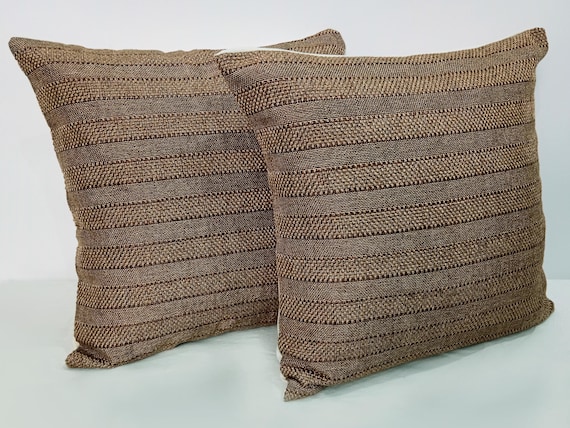 Jute Lining Cushion Covers: Brown Striped Pillow Cases, Set of 2