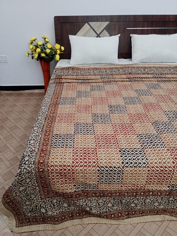 Hand-Stitched Kantha Quilt: Floral Block Print Indian Cotton Bedding