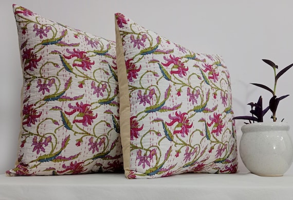 Premium Pillows Cushion Cover Customize Size Shames Pillows, Hand block Print  Handmade Kantha Work Hand stitched Pillow, Boho Pillowcase