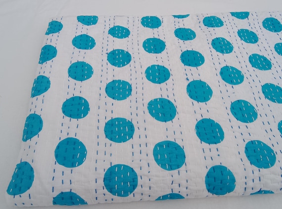 Polka Dot torque colour Polka Dot Kantha Quilt torque colour thorw Indian HandBlock Print Bedding Bedspread Full size Polka Dot cotton