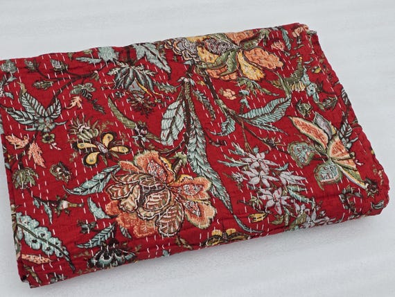 Red Floral Kantha Quilt: Hand-Stitched Indian Cotton Bedspread