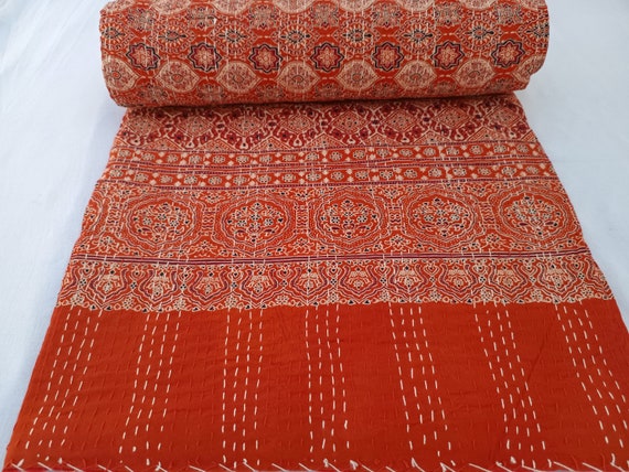 Ajrak or Ajrakh is a unique block printed textile. It displays special traditional designs and patterns Ajrak Vintage design kantha quilt