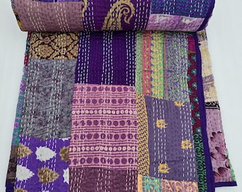 Indian Silk Patola Patchwork Kantha Quilt: Vintage Style Bedding