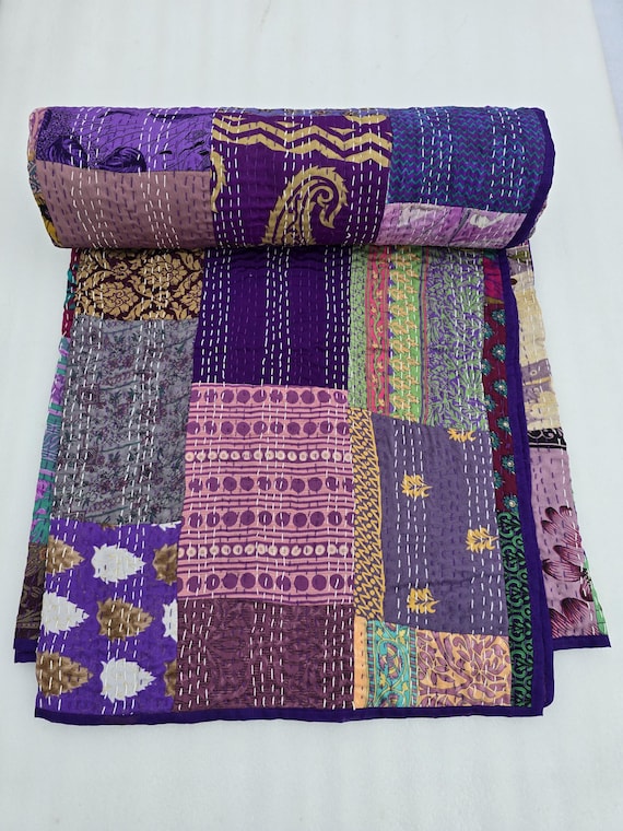 Indian Silk Patola Patchwork Handmade Kantha Quilt Assorted Patchwork Kantha Handmade Vintage Quilts Assorted Vintage style vintage design