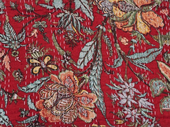 Red Floral Kantha Quilt: Hand-Stitched Indian Bedding Bedspread floral printed cotton quilt Christmas Gifts