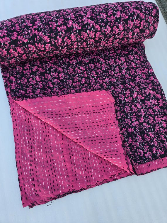 Handmade Kantha Quilt, Vintage Floral Block Print Bedding