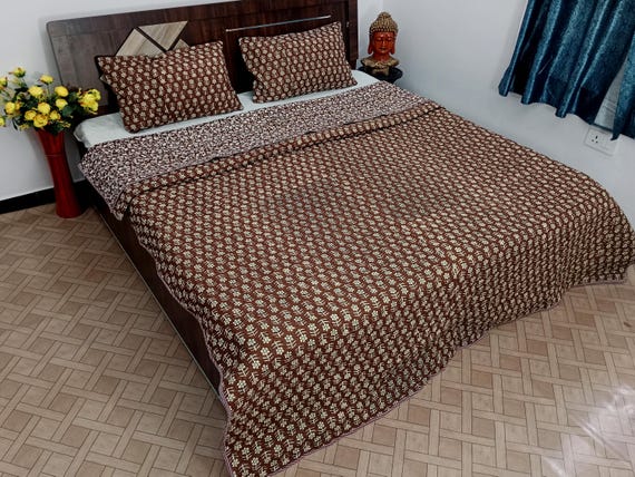 Block Print Quilt Floral Kantha Quilt: Indian Print Quilt Winter Warm Quilt Batting Quilt
