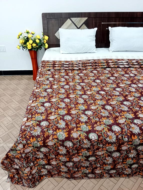 Burgundy Quilt Handmade Cotton Kantha Indian Natural Color Indian inspired Bedding burgundy bed burgundy floral blanket Quilt Burgundy Quilt