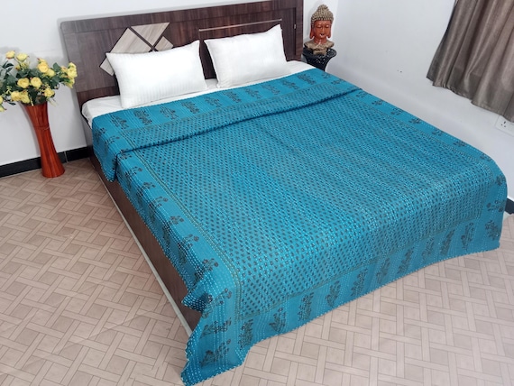 Handmade Kantha Quilt, Vintage Floral Block Print Bedding Vintage Bedding Quilt Gorgeous Quilt that has the Perfect Vintage look