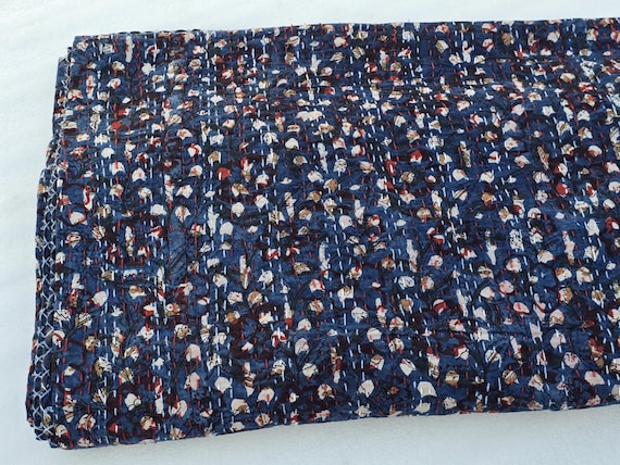 Handmade Indigo Kantha Quilt, Vintage Floral Block Print Bedding Vintage Bedding Quilt Gorgeous Quilt that has the Perfect Vintage look