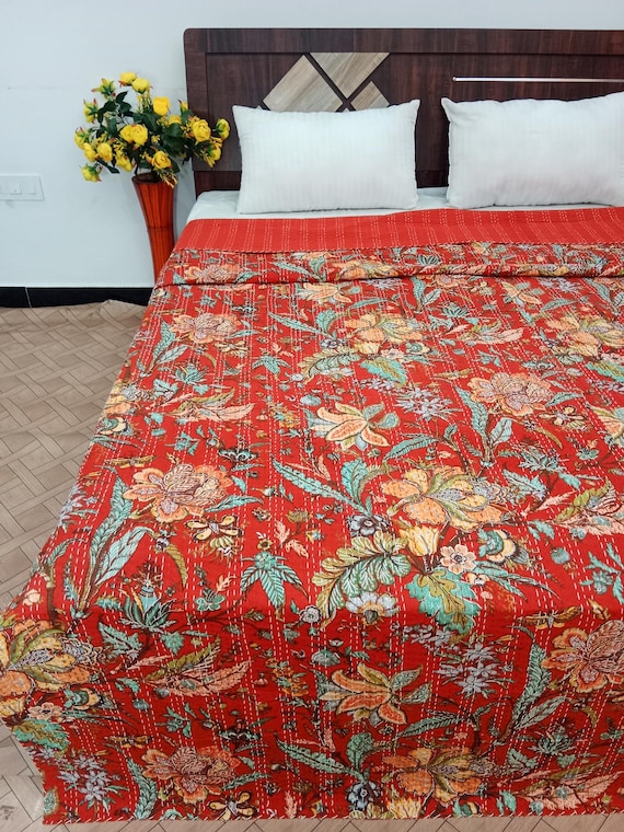 Red Floral Kantha Quilt: Hand-Stitched Indian Cotton Bedspread