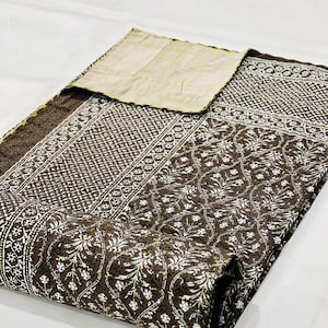 Luxury Vintage Brown Quilt – Handmade Bedding Boho Bedroom Blanket, Cozy Home Décor, Unique Rustic Quilt floral block print  Brown quilt