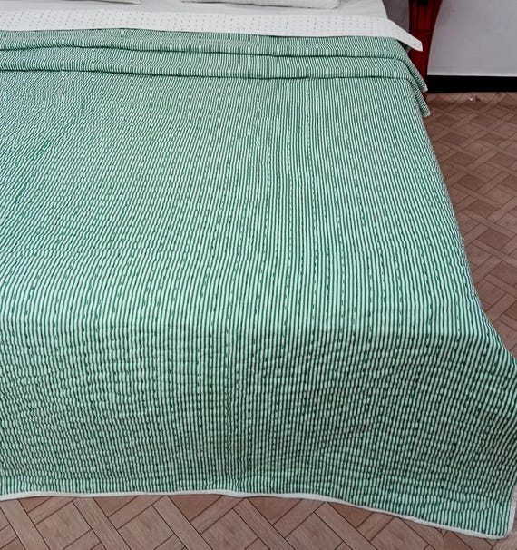 Handmade Indian Reversible Cotton Batting Jaipuri Quilt Striped and Solid Soft Cotton Kantha Quilt Warm Jaipuri Cotton Filled Batting quilt