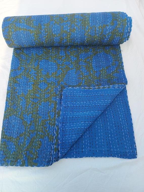 Blue Floral Kantha Quilt: Hand Block Print Indian Bedding