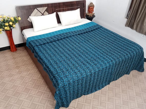Block Print Quilt Handmade Kantha Quilt, Vintage Floral Block Print Bedding Vintage Bedding Quilt