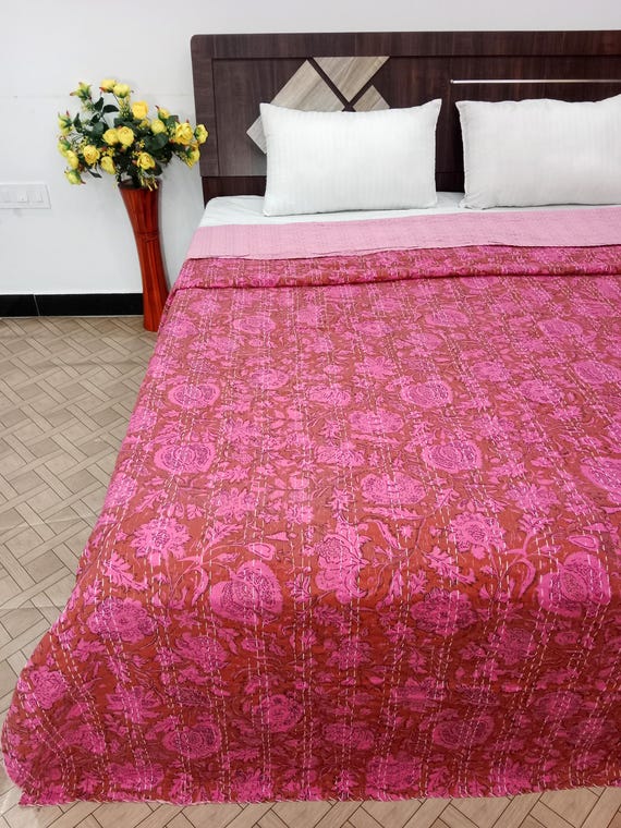 Hand Stitched Kantha Quilt: Floral Print Cotton Throw - Vintage Style