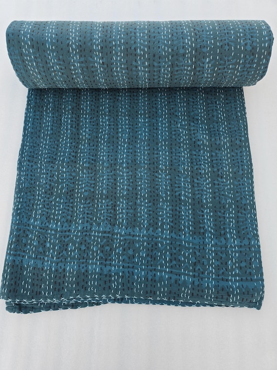 Handmade Kantha Quilt, Vintage Floral Block Print Bedding Vintage Bedding Quilt Gorgeous quilt that has the Perfect Vintage Look