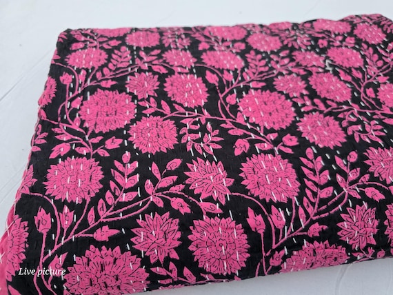 Pink Floral kantha quilt quilt Handblocked Pink kantha Bedcover Handmade Kantha Indian cotton handmade making quilt bedding bedspread pink