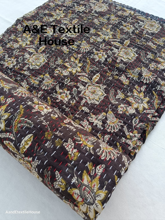 Golden floral Kantha Quilt Handblock Print Black& white floral Kantha Indian Netural Colour Indian inspired Bedding Hand Stitched Rural