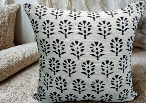 Floral Handblock Print Cushion Covers - Set of 5 Cotton Pillow Cases (16x16)