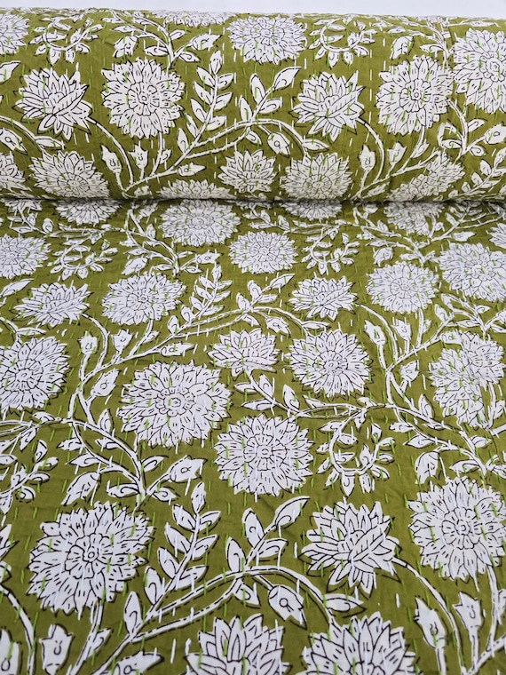 Floral Handblock Print Kantha Quilt: Indian Cotton Bedding