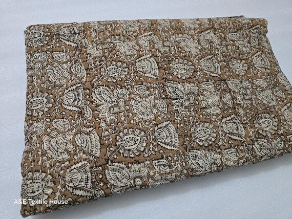 Kantha Quilt Bedding Hand Block Print Floral Blanket Indian Natural Color, Hand-Stitched Rural Kantha Bedding, Ethnic Home Décor Style