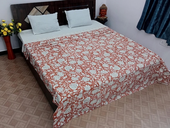 Brown Handblock Kantha Quilt Bedding Hand Block Print Floral Blanket Indian Natural Color, Hand-Stitched Rural Kantha Bedding quilt