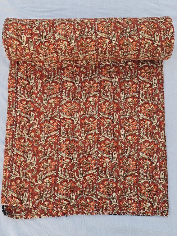 Floral Handblock Print Kantha Quilt, Maroon Burgundy Indian Inspired Bedspread, Handmade Cotton Throw Blanket, Vintage Boho Bedding Quilt