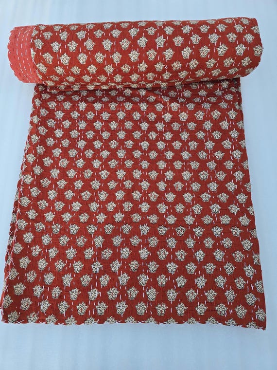 Kantha Quilt Bedding Hand Block Print Floral Blanket Indian Natural Color, Hand-Stitched Rural Kantha Bedding, Ethnic Home Décor Style