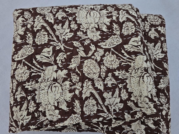 Dark Brown Kantha Quilt Block Print Quilt Indian Cotton Throw Coffee Brown Quilt Two-Layer Hand-Stitched Throw Blanket, Vintage Style