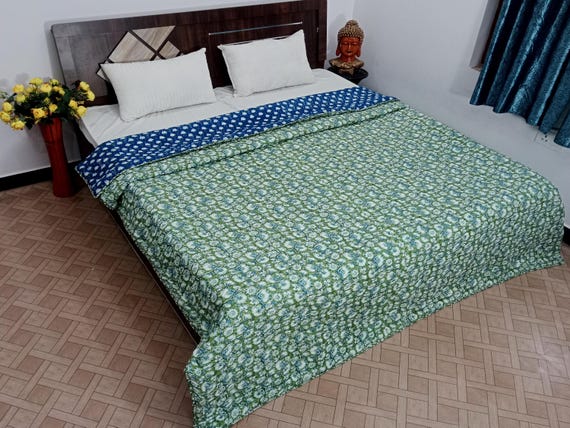 Handmade Cotton Warm Batting Kantha Quilt: Jaipuri Razai Reversible Bed Blanket