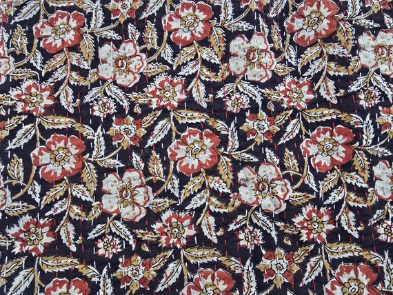 Handblock Print Floral Kantha Quilt: Indian Cotton Bedding