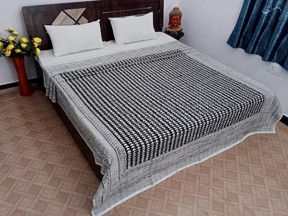 Black & White Kantha Quilt, Vintage Block Print Boho Cotton Throw, Hand Stitched Indian Quilt Blanket, Floral Design, Cotton Bedspread