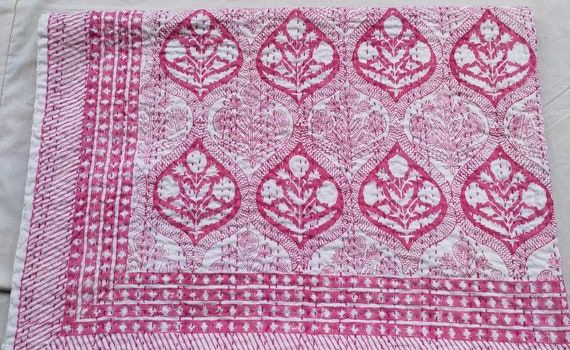 Luxury Valentines Gift, Pink Floral Kantha Quilt Hand Block Print Kantha Indian Natural Color inspired Bedding Hand Stitched Rural Quilted