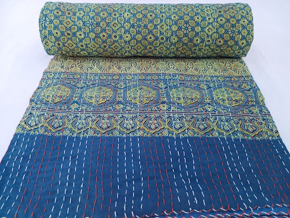 Ajrak or Ajrakh is a unique block printed textile. It displays special traditional designs and patterns Ajrak Vintage design kantha quilt