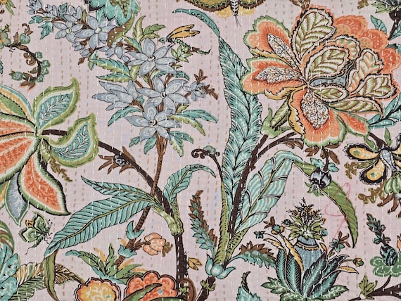 Floral Kantha Quilt: Hand-Stitched Indian Bedding Bedspread floral printed cotton quilt Christmas Gifts