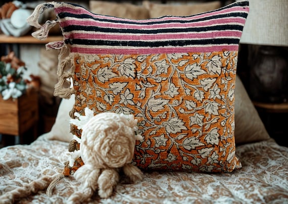Hand Block Print Pillow Cover: Handmade Cotton Fringe Cushion Pillow Cover 20x20