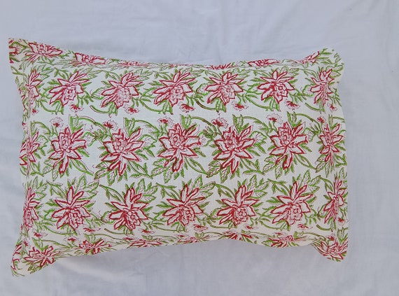 2 Pieces Beautiful Handblock print Floral Print Pillow Covers Cotton Fabric 18x28 Inches Size Natural Colour