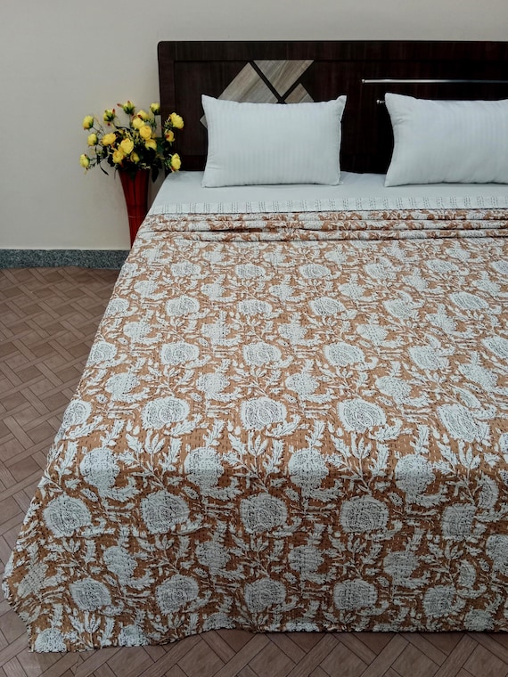 Premium Tan Cotton Kantha Quilt, Hand Block Printed Floral Design, Natural Color Bedding, Hand Stitched Rural Kantha Quilting Bedding