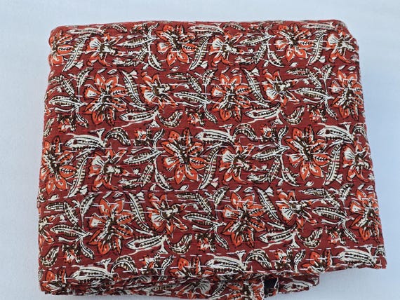 Floral block Print Kantha Quilt - Indian Throw Cotton Bedding Bedspread