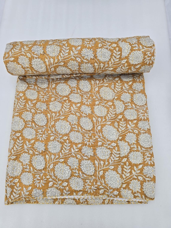 Hand Block Print Floral Kantha Quilt: Soft Cotton Throw, Home Decor