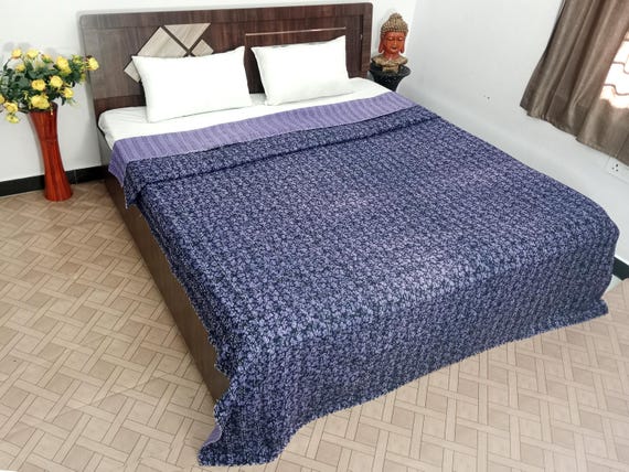 Floral Kantha Quilt: Hand Block Print Cotton Bedspread