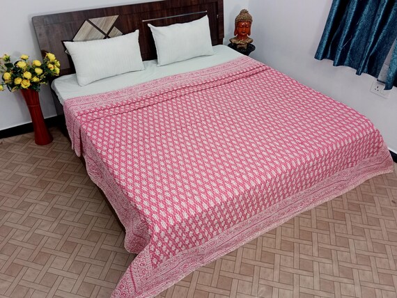 Pink Floral Kantha Quilt: Hand-Stitched Block Print Cotton Bedding