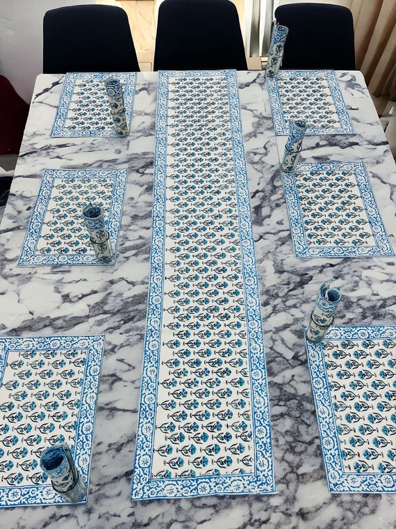 Hand Block Printed Premium Matching Runner With Napkins for 6 Seater with Premium Table Mat Set Hand Block Print