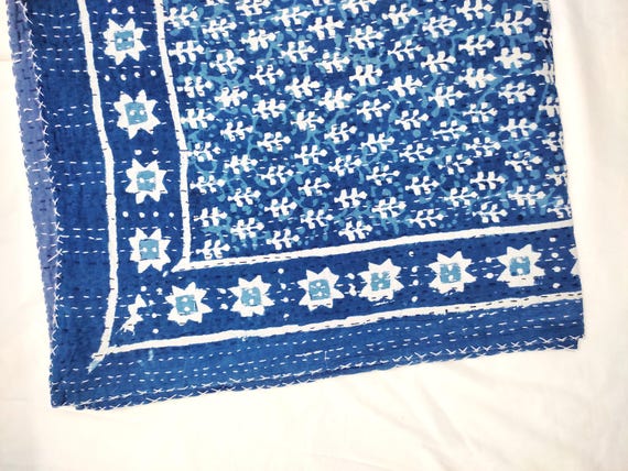 Premium Indigo Blue white Kantha Quilt Indian Hand Block Print Bedding Bedspread Queen Size cotton quilts navy in king size, Christmas Gift