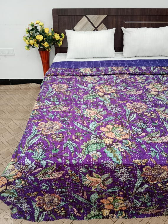 Purple Floral Kantha Quilt: Indian Cotton Bedding Bedspread