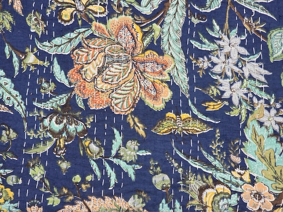 Blue Floral Kantha Quilt: Hand-Stitched Indian Bedding Bedspread floral printed cotton quilt Christmas Gifts