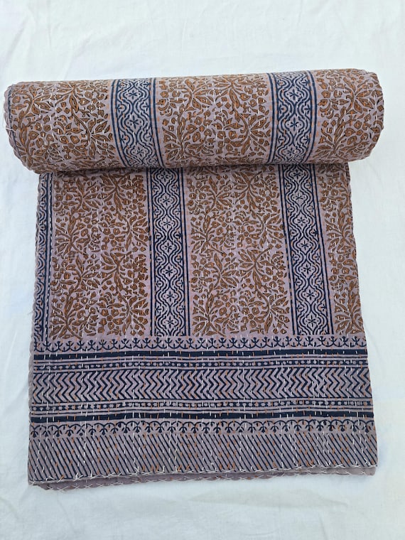 Floral Kantha Quilt, Vintage Block Print Bedding, Handmade Cotton Bedspread